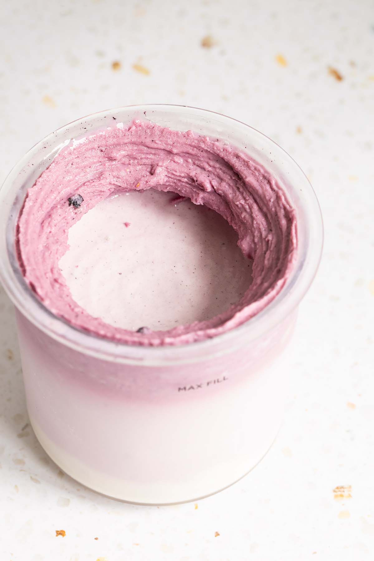 Ninja Creami lemon blueberry frozen yogurt in the creami container