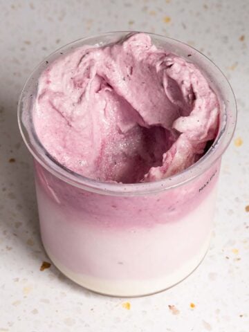 Ninja Creami lemon blueberry frozen yogurt in the Creami container
