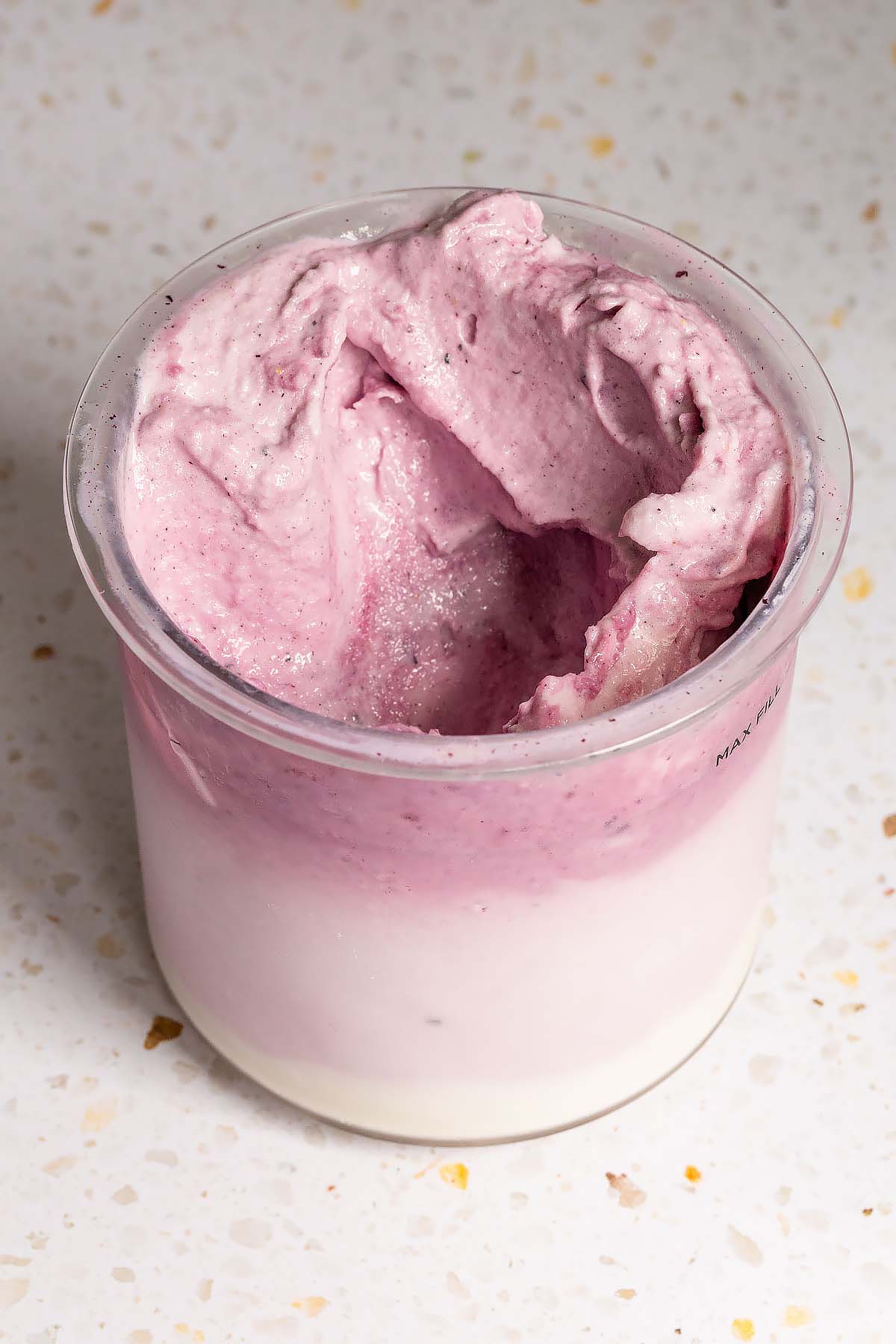 Ninja Creami lemon blueberry frozen yogurt in the Creami container