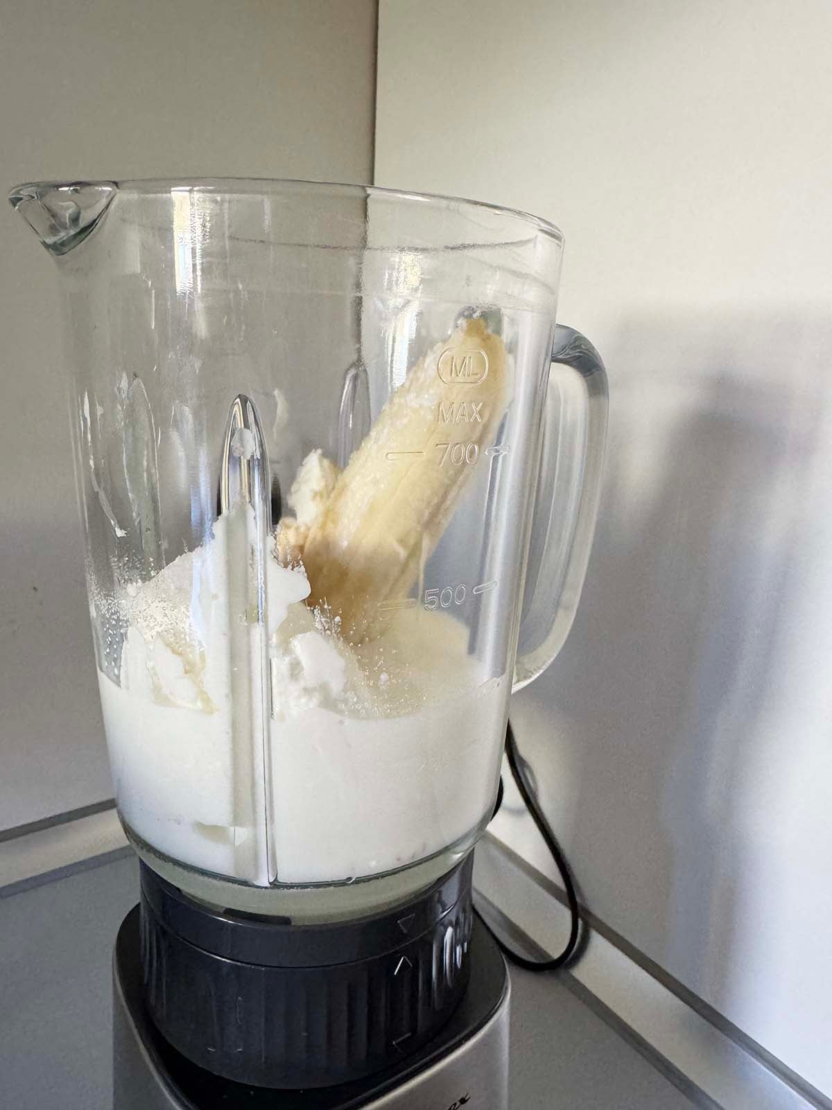 Mixing up base for Ninja Creami banoffee ice cream in a blender