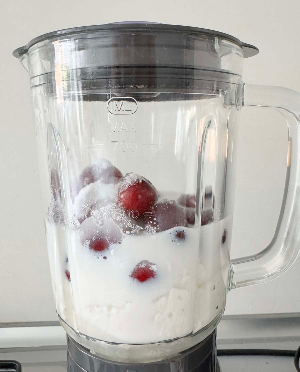 Cherry ice cream ingredients in blender